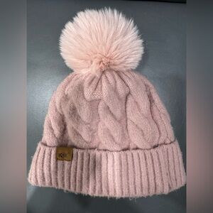 Blush Cable-Knit Pom Beanie with Fold-Over Cuff